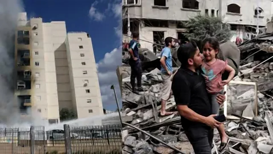 Homem carregando criança em meio a destroços, simbolizando a urgência de resposta humanitária