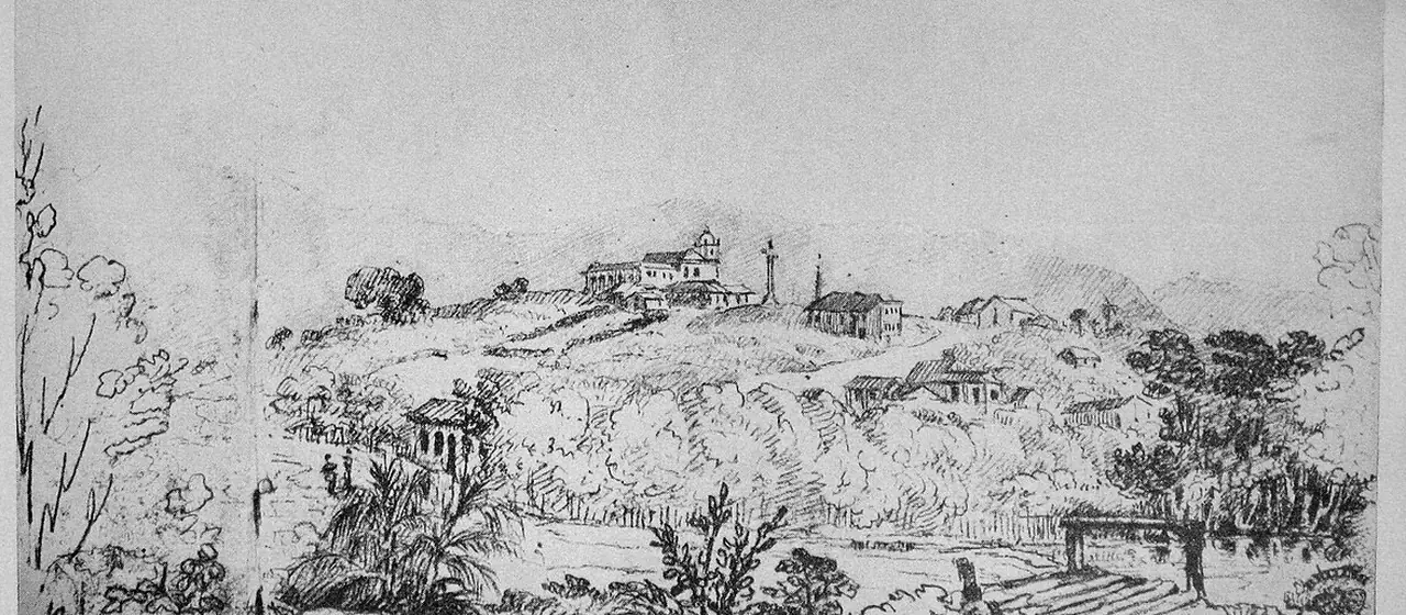 Gravura antiga da Vila de São Francisco Xavier de Itaguaí, com casario e igreja no alto do morro